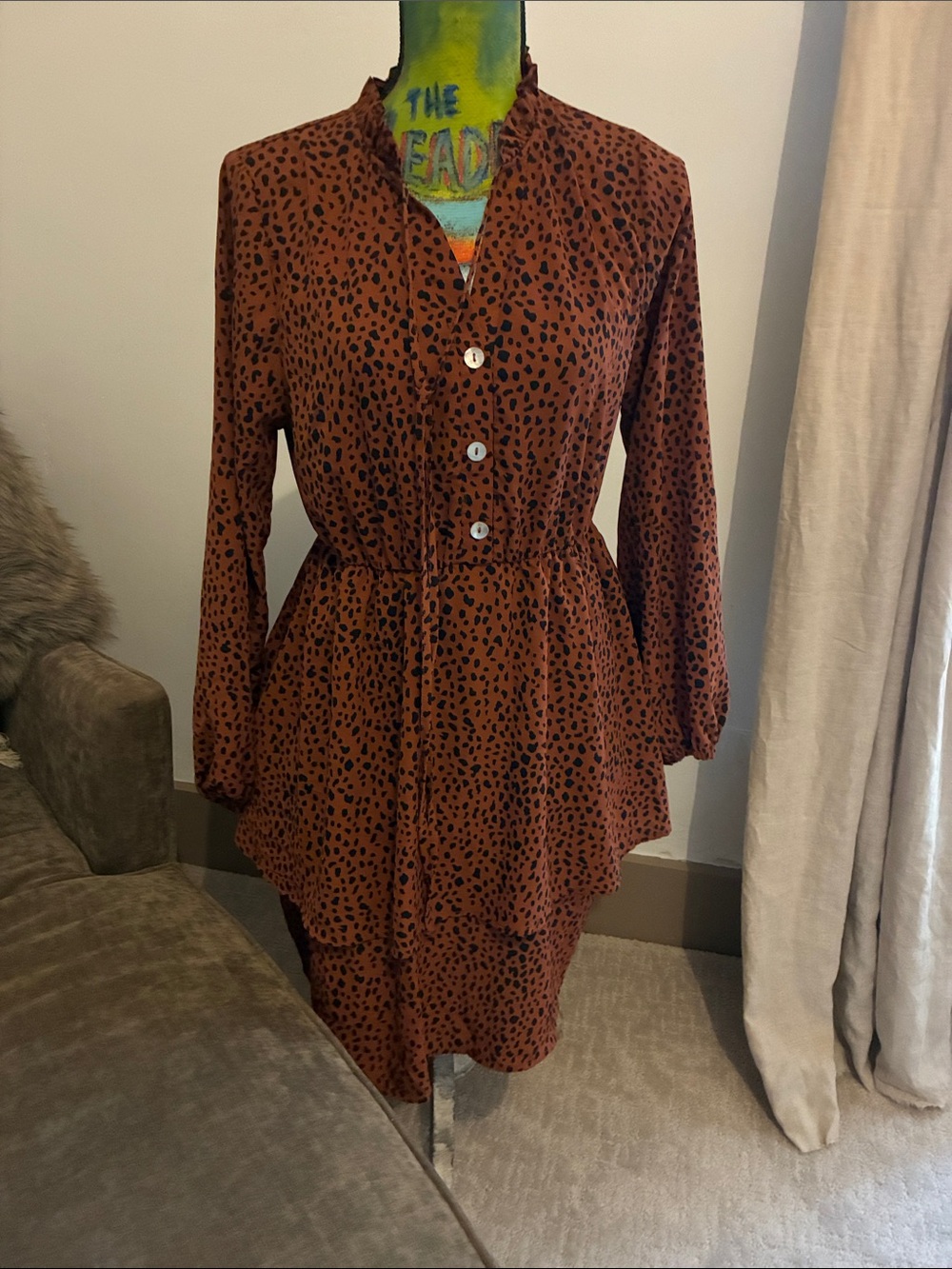 Rust Brown Long Sleeve Button-Front Printed Dress